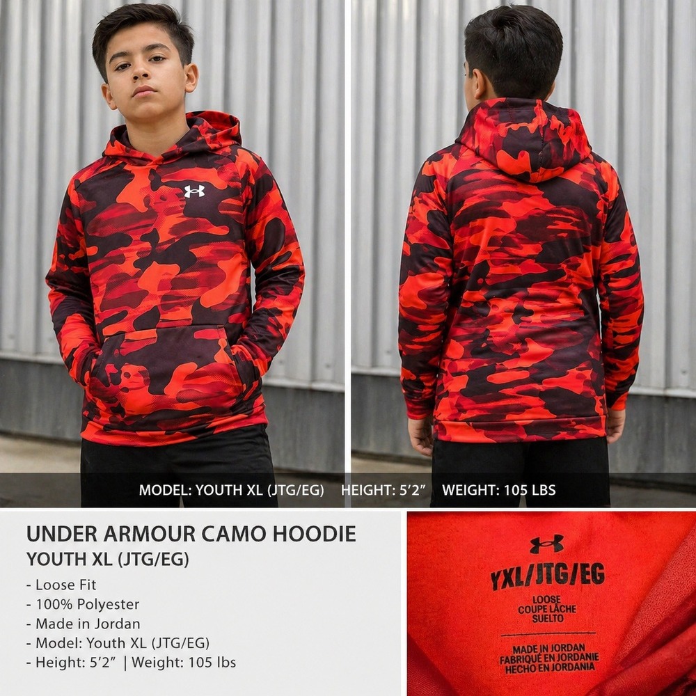 Under Armour Youth XL Camo Hoodie Red Black Loose Fit Sweatshirt 1373547
